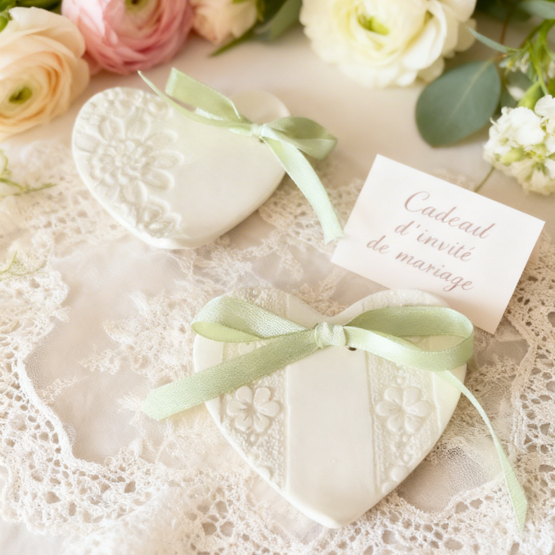 2 coupelles dentelle et ruban avec un arrière plan floral et un écriteau cadeau d'invité de mariage