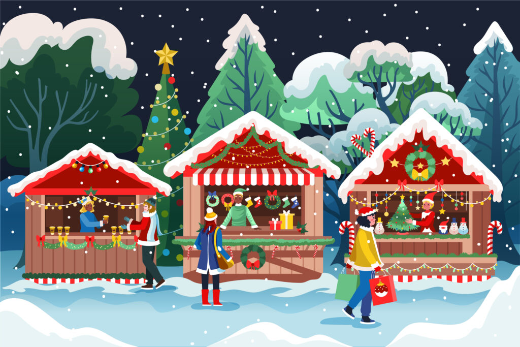 3 Chalets en bois avec un décor de sapins de noël et des passants