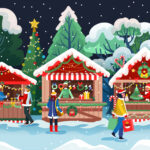 3 Chalets en bois avec un décor de sapins de noël et des passants