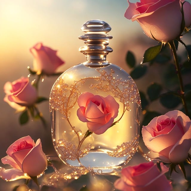 Flacon de parfum avec des roses